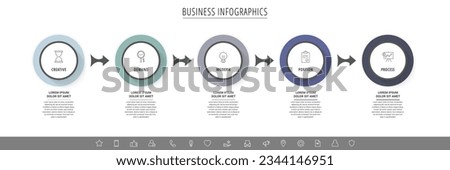 Business vector infographics with five circles and arrows. Timeline visualization with 5 steps for diagram, flowchart, banner, presentations, web, content, levels, chart, graphic