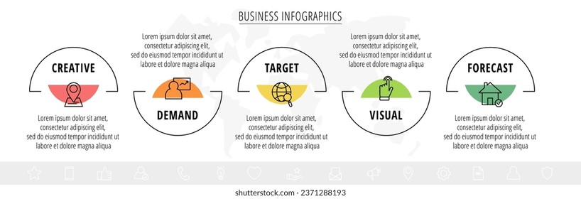 Business vector infographics with five line labels. Timeline visualization with 5 steps for diagram, flowchart, banner, presentations, web, content, levels, chart, graphic