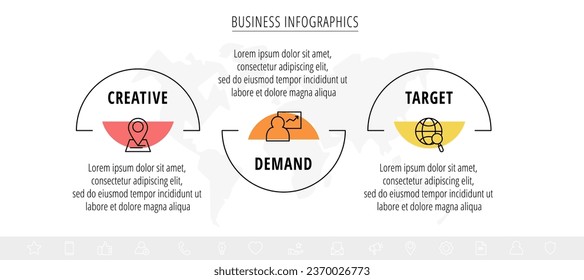 infografías de vectores de negocio con etiquetas de tres líneas. Visualización de línea de tiempo con 3 pasos para diagrama, diagrama de flujo, banner, presentaciones, web, contenido, niveles, gráfico, gráfico