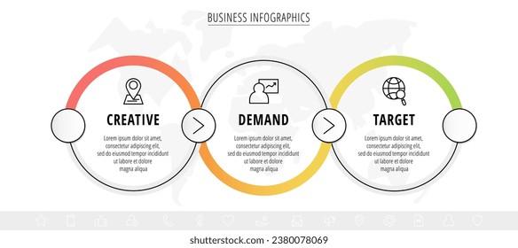 infografías de vectores de negocio con tres círculos de línea. Visualización de línea de tiempo con 3 pasos para diagrama, diagrama de flujo, banner, presentaciones, web, contenido, niveles, gráfico, gráfico