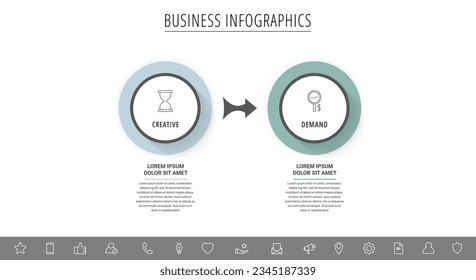 infografía de vector de negocio con dos círculos y flechas. Visualización de línea de tiempo con 2 pasos para diagrama, diagrama de flujo, banner, presentaciones, web, contenido, niveles, gráfico, gráfico