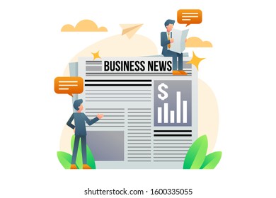 Business vector. Management illustration. Businessman character. Startup banner element. Tiny little businessman person reading business news headline at big newspaper