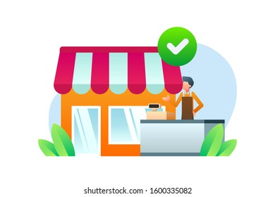 Business vector. Management illustration. Businessman character. Startup banner element. Cashier stand beside store or shop or supermarket.