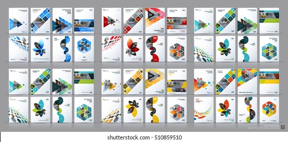 Business vector mega set. Brochure template layout, cover design annual report, magazine, flyer in A4 with colourful flying triangles, arrows, polygons for finance, science, teamwork. Abstract design