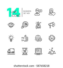 Business - vector modern single line icons set. Man, woman, eye, magnifying glass, hourglass, laptop, brain, ok symbol, mountain, speaker, spaceship.