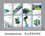 Business vector set. Brochure template layout, cover design annual report, magazine, flyer in A4 with green flying triangles, square, circles, flower, polygons for science, teamwork. Abstract