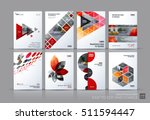 Business vector set. Brochure template layout, cover design annual report, magazine, flyer in A4 with red flying triangles, square, circles, flower, polygons for science, teamwork. Abstract