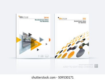 Business vector set. Brochure template layout, cover design annual report, magazine, flyer in A4 with grey yellow flying triangles, arrows, circles for finance, science, teamwork. Abstract design.