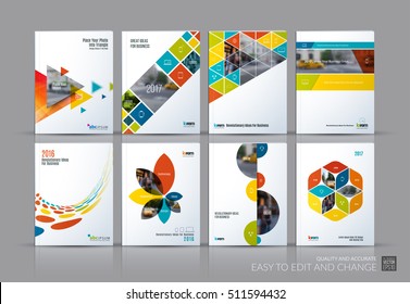 Business vector set. Brochure template layout, cover design annual report, magazine, flyer in A4 with colourful flying triangles, square, circles, flower, polygons for science, teamwork. Abstract