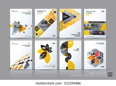 Business vector set. Brochure template layout, cover design annual report, magazine, flyer in A4 with yellow grey flying triangles, square, circles, flower, polygons for science, teamwork. Abstract.