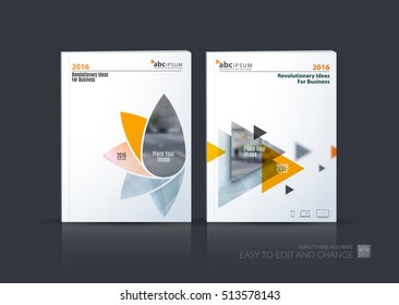 Business vector set. Brochure template layout, cover design annual report, magazine, flyer in A4 with geometric flower shapes, triangles for science, organic idea. Abstract design.