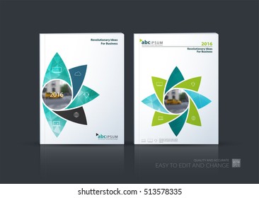 Business vector set. Brochure template layout, cover design annual report, magazine, flyer in A4 with geometric flower shapes, polygons for science, natural organic idea. Abstract design.