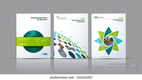Business vector set. Brochure template layout, cover design annual report, magazine, flyer in A4 with green geometric round shapes, circles for science, travel, finance. Abstract creative design.