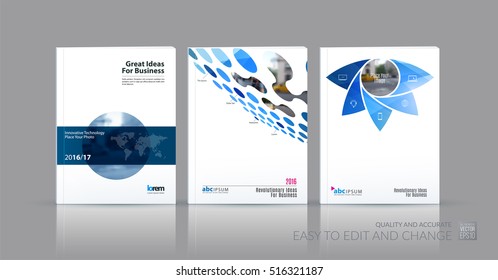 Business vector set. Brochure template layout, cover design annual report, magazine, flyer in A4 with red geometric round shapes, circles for science, travel, finance. Abstract creative design.