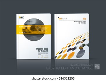 Business vector set. Brochure template layout, cover design annual report, magazine, flyer in A4 with grey yellow geometric round shapes, circles for science, travel, finance. Abstract creative design