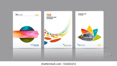 Business vector set. Brochure template layout, cover design annual report, magazine, flyer in A4 with colourful geometric round shapes, circles for science, travel, finance. Abstract creative design.