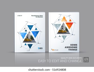 Business vector set. Brochure template layout, cover design annual report, flyer in A4 with triangular shapes, triangles, polygons, mesh for science, travel, connections, teamwork. Abstract design.