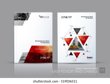 Business vector set. Brochure template layout, cover design annual report, magazine, flyer in A4 with triangles, polygons for travel, finance, teamwork. Abstract creative design.