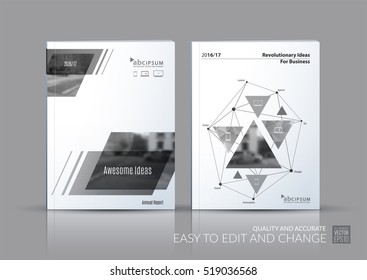 Business vector set. Brochure template layout, cover design annual report, magazine, flyer in A4 with triangles, polygons for travel, finance, teamwork. Abstract creative design.