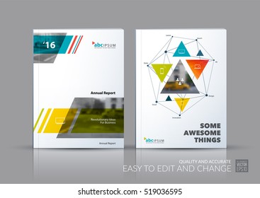 Business vector set. Brochure template layout, cover design annual report, magazine, flyer in A4 with triangles, polygons for travel, finance, teamwork. Abstract creative design.
