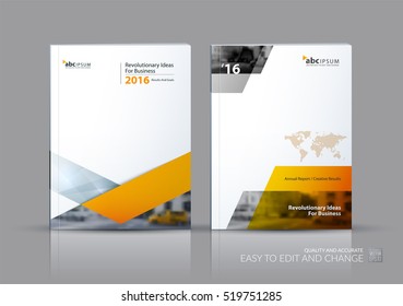 Business vector set. Brochure template layout, cover design annual report, flyer in A4 with yellow triangles, arrows for business, finance, buildings, nature concept. Abstract creative design.