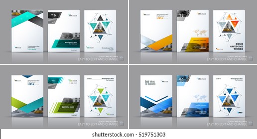 Business vector set. Brochure template layout, cover design annual report, flyer in A4 with triangles, arrows for business, finance, buildings, nature concept. Abstract creative design.