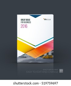Business vector set. Brochure template layout, cover design annual report, flyer in A4 with yellow triangles, arrows for business, finance, buildings, nature concept. Abstract creative design.
