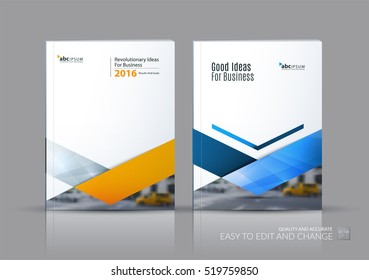 Business vector set. Brochure template layout, cover design annual report, flyer in A4 with yellow triangles, arrows for business, finance, buildings, nature concept. Abstract creative design.