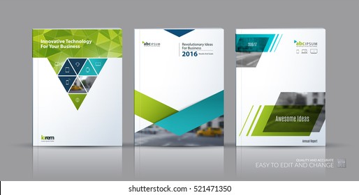Geschäftsvektorsatz. Broschüren-Layout, Cover-Design-Geschäftsbericht, Flyer in A4 mit grünen Dreiecken, Pfeile für Unternehmen, Finanzen, Gebäude, Naturkonzept. Abstraktes kreatives Design.