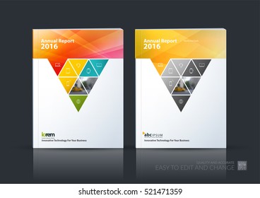 Business vector set. Brochure template layout, cover design annual report, flyer in A4 with triangles, arrows for business, finance, buildings, nature concept. Abstract creative design.