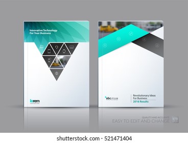 Business vector set. Brochure template layout, cover design annual report, flyer in A4 with green triangles, arrows for business, finance, building, nature concept. Abstract creative design.