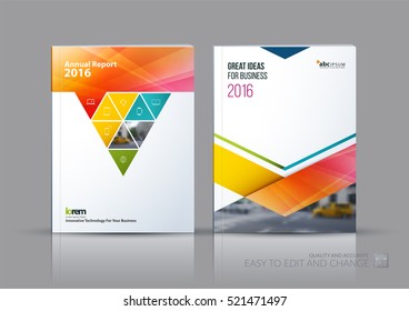 Business vector set. Brochure template layout, cover design annual report, flyer in A4 with orange triangles, arrows for business, finance, buildings, nature concept. Abstract creative design.
