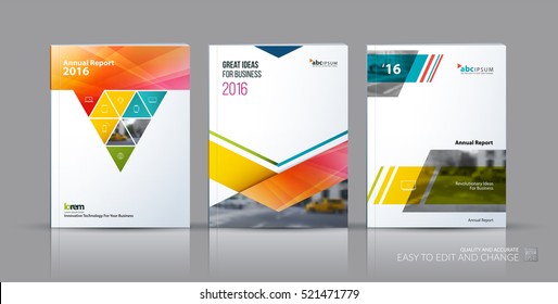 Business vector set. Brochure template layout, cover design annual report, flyer in A4 with colourful triangles, arrows for business, finance, buildings, nature concept. Abstract creative design.
