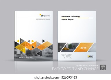 Business vector set. Brochure template layout, cover design annual report, flyer in A4 with yellow  triangles, arrows for business, buildings, nature on bright background. Abstract creative design.