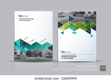 Business vector set. Brochure template layout, cover design annual report, flyer in A4 with green triangles, arrows for business, buildings, nature on bright background. Abstract creative design.