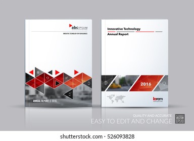 Business vector set. Brochure template layout, cover design annual report, flyer in A4 with red triangles, arrows for business, buildings, nature on bright background. Abstract creative design.