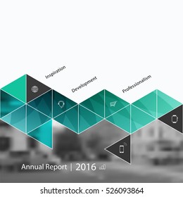 Business vector set. Brochure template layout, cover design annual report, flyer in A4 with triangles, arrows for business, buildings, nature on bright background. Abstract creative design.