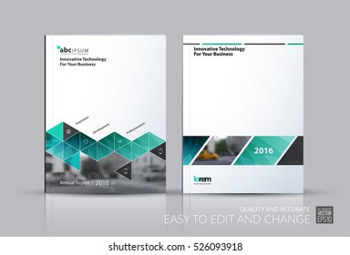 Business vector set. Brochure template layout, cover design annual report, flyer in A4 with turquoise triangles, arrows for business, buildings, nature on bright background. Abstract creative design.