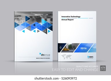 Business vector set. Brochure template layout, cover design annual report, flyer in A4 with blue  triangles, arrows for business, buildings, nature on bright background. Abstract creative design.
