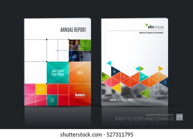 Business vector set. Brochure template layout, cover design annual report, magazine, flyer in A4 with colourful triangles, squares, lines, rounds for IT, business, building. Abstract