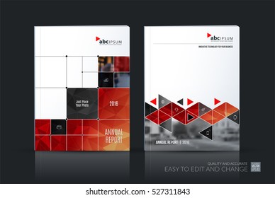 Business vector set. Brochure template layout, cover design annual report, magazine, flyer in A4 with red triangles, squares, lines, rounds for IT, business, building. Abstract