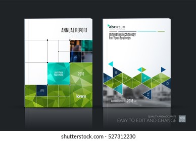 Business vector set. Brochure template layout, cover design annual report, magazine, flyer in A4 with green triangles, squares, lines, rounds for IT, business, building. Abstract