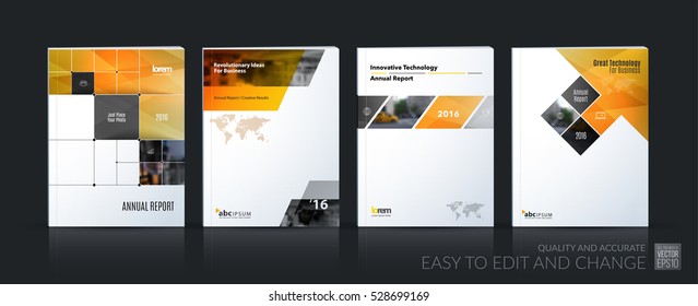 Business vector set. Brochure template layout, cover design annual report, magazine, flyer in A4 with yellow rectangular diagonal shapes, squares, arrows for IT, business, building. Abstract.