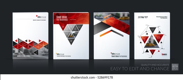 Business vector set. Brochure template layout, cover design annual report, magazine, flyer in A4 with red geometric shapes, squares, triangles, arrows for IT, business, building. Abstract