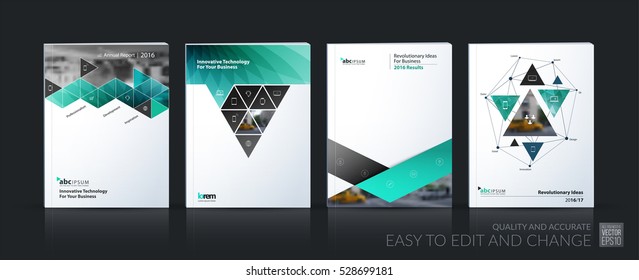 Business vector set. Brochure template layout, cover design annual report, magazine, flyer in A4 with turquoise geometric shapes, squares, triangles, arrows for IT, business, building. Abstract