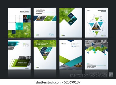 Business vector set. Brochure template layout, cover design annual report, magazine, flyer in A4 with green geometric shapes, squares, triangles, arrows for IT, business, building. Abstract
