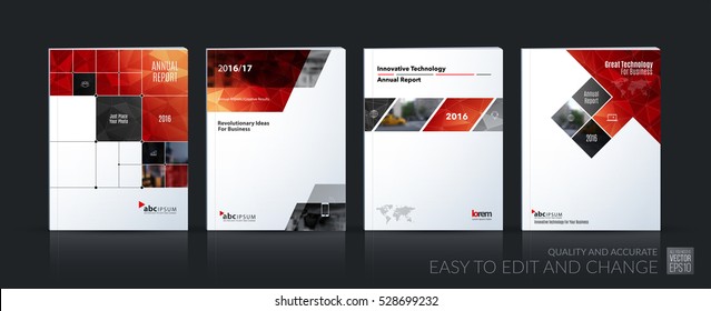 Business vector set. Brochure template layout, cover design annual report, magazine, flyer in A4 with red rectangular diagonal shapes, squares, arrows for IT, business, building. Abstract.