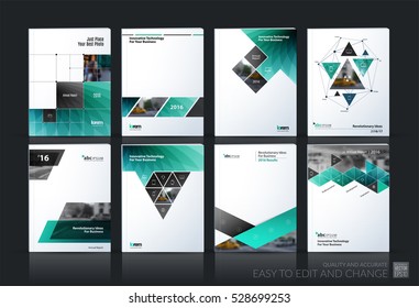 Business vector set. Brochure template layout, cover design annual report, magazine, flyer in A4 with turquoise geometric shapes, squares, triangles, arrows for IT, business, building. Abstract