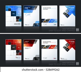 Business vector set. Brochure template layout, cover design annual report, magazine, flyer in A4 with blue rectangular diagonal shapes, squares, arrows for IT, business, building. Abstract.