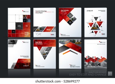 Business vector set. Brochure template layout, cover design annual report, magazine, flyer in A4 with red geometric shapes, squares, triangles, arrows for IT, business, building. Abstract